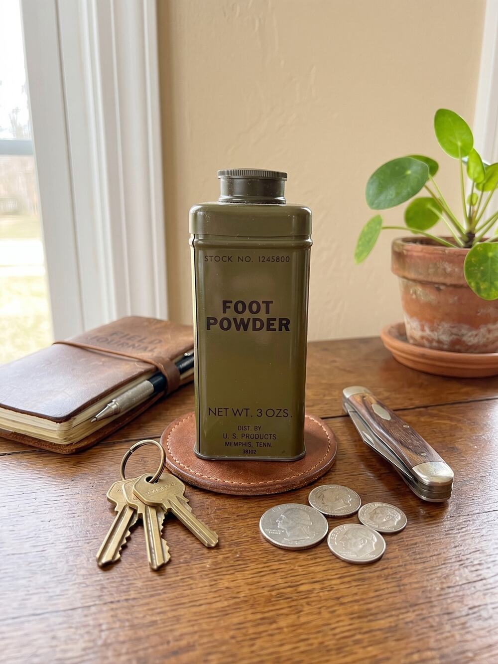 Vintage WWII US Army Foot Powder Tin Can Olive Drab w Original Powder 3 oz